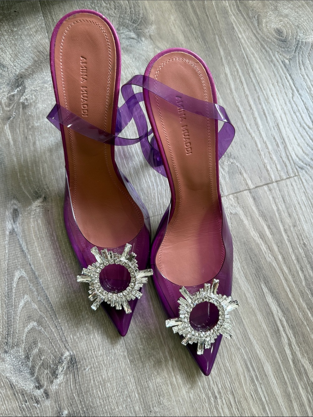 Amina Muaddi Purple Crystal Sunburst Pointed Toe Slides